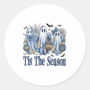 Tis The Season Blue Patchwork Ghost Pumpkin Spooky Classic Round Sticker