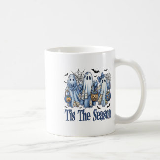 Tis The Season Blue Patchwork Ghost Pumpkin Spooky Coffee Mug