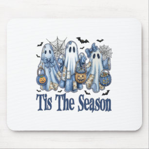 Tis The Season Blue Patchwork Ghost Pumpkin Spooky Mouse Pad