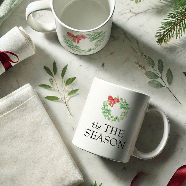 tis The Season Christmas Mug (Christmas mugs feature the words tis The Season with watercolor wreath art by Victoria Grigaliunas)