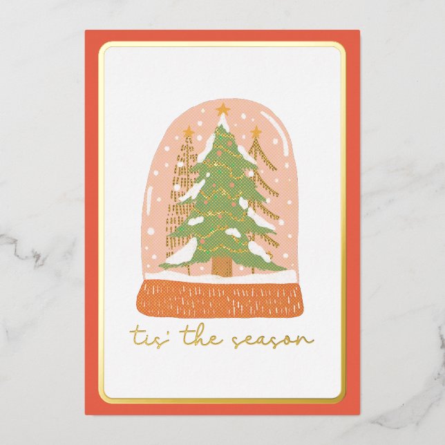 Tis The Season Christmas Snow Globe Foil Holiday Card (Front)