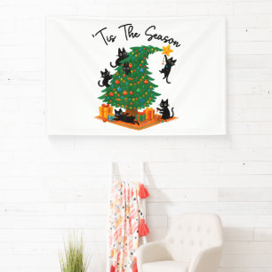 Tis The Season Christmas Tree Cute Black Cat Banner