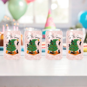 Tis The Season Christmas Tree Cute Black Cat Can Glass