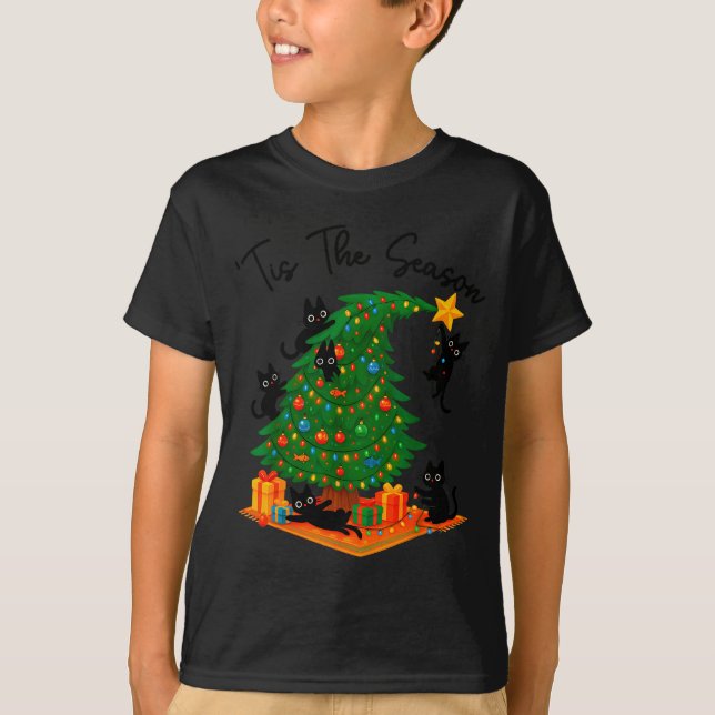Tis The Season Christmas Tree Cute Black Cat Match T-Shirt (Front)