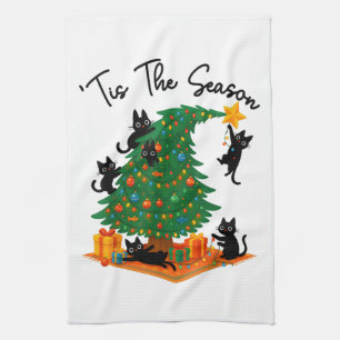 Tis The Season Christmas Tree Cute Black Cat Tea Towel