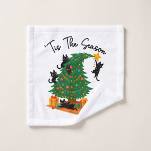 Tis The Season Christmas Tree Cute Black Cat Wash Cloth