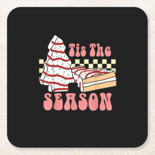 Tis The Season Christmas Tree Groovy Retro Debbie Square Paper Coaster