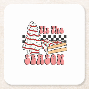 Tis The Season Christmas Tree Groovy Retro Debbie Square Paper Coaster