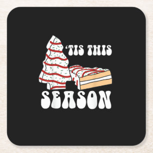 Tis The Season Christmas Tree Groovy Retro Vintage Square Paper Coaster