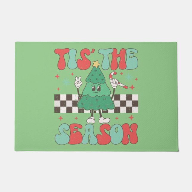 Tis' The Season Christmas Tree Groovy Retro Xmas Doormat (Front)