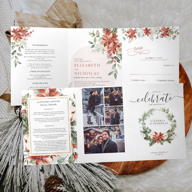 'Tis The Season | Christmas Wedding Floral Tri-Fold Invitation (Creator Uploaded)