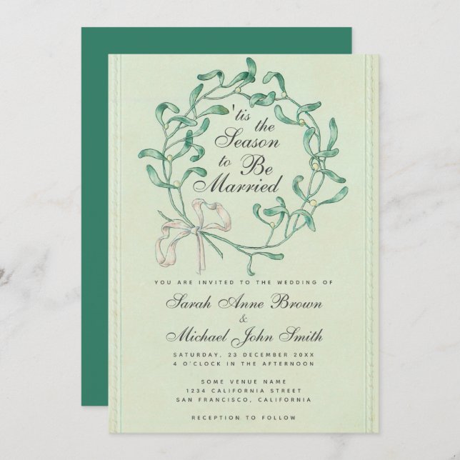 Tis the Season Christmas Wedding Mistletoe Wreath  Invitation (Front/Back)