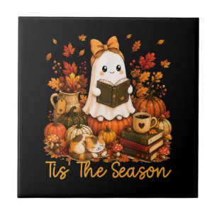 Tis The Season Cute Ghost Reading Book Autumn Ceramic Tile