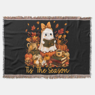 Tis The Season Cute Ghost Reading Book Autumn Throw Blanket