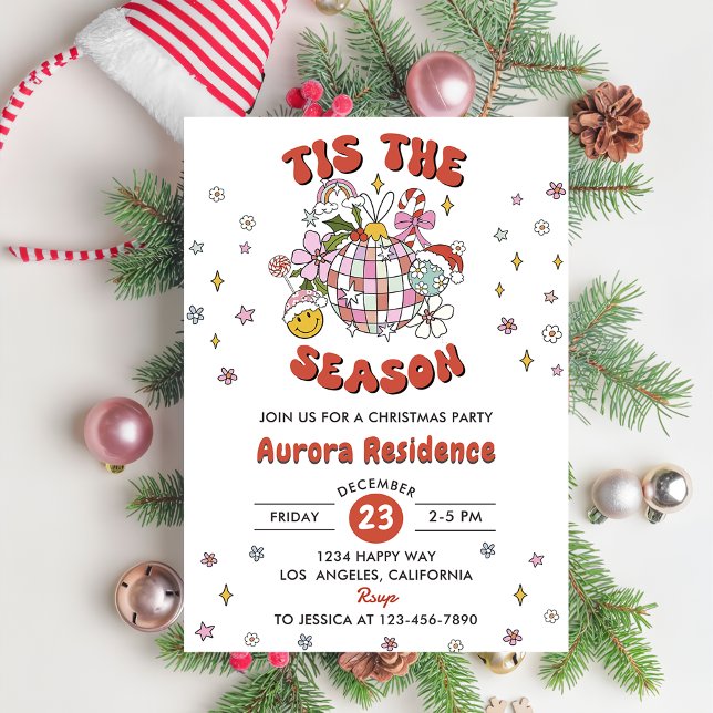 Tis The Season Cute Groovy Ball Christmas Party  Invitation (Creator Uploaded)