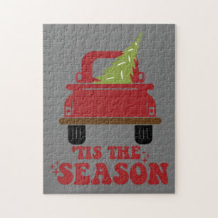 Tis The Season Cute Retro Pine Christmas Tree Fami Jigsaw Puzzle