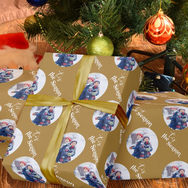 Tis the Season Elegant Typography Round Photo Gold Wrapping Paper (Creator Uploaded)