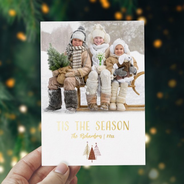 Tis The Season Festive Photo Modern Christmas Gold Foil Holiday Card (Creator Uploaded)
