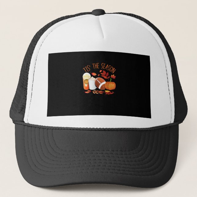 Tis The Season Football Pumpkin Thanksgiving Athle Trucker Hat (Front)