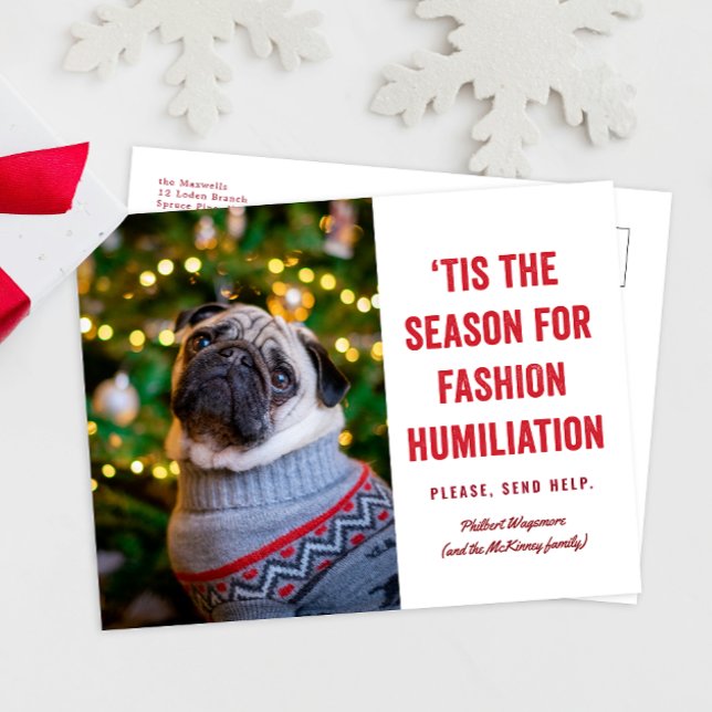 Tis the Season for Fashion Humiliation Christmas Postcard (funny Christmas holiday photo card postcard for ugly sweater and weird hat pictures)