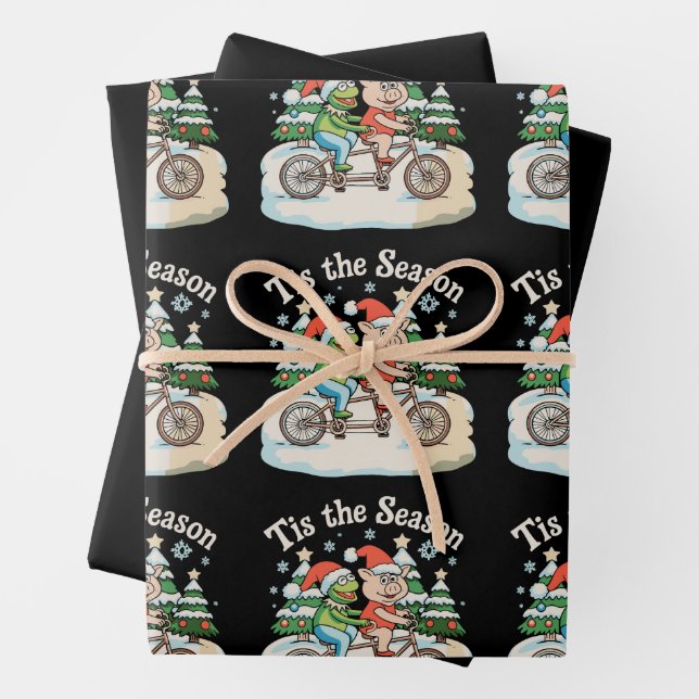 Tis The Season Frog Toad Bike Santa Christmas Xmas Wrapping Paper Sheet (In situ)