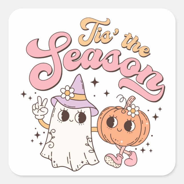 Tis The Season Funny Halloween Pumpkin and Ghost Square Sticker (Front)
