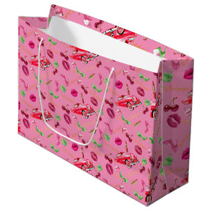 “‘Tis the Season Glam Pink & Green Retro Holiday  Large Gift Bag