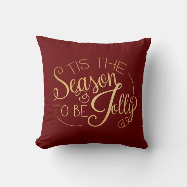 ‘‘Tis the Season” Gold Script Red Fancy Elegant Cushion (Front)