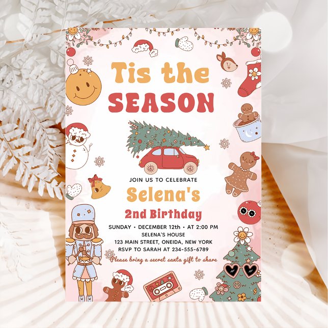 Tis The Season Groovy Christmas Birthday Party Invitation (Creator Uploaded)