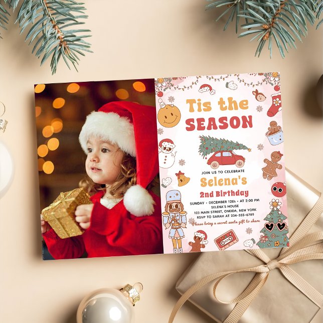 Tis The Season Groovy Christmas Birthday Photo Invitation (Creator Uploaded)