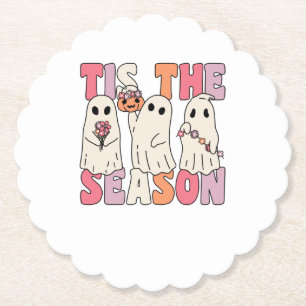 Tis The Season Groovy Ghost With Vintage Flowers Paper Coaster