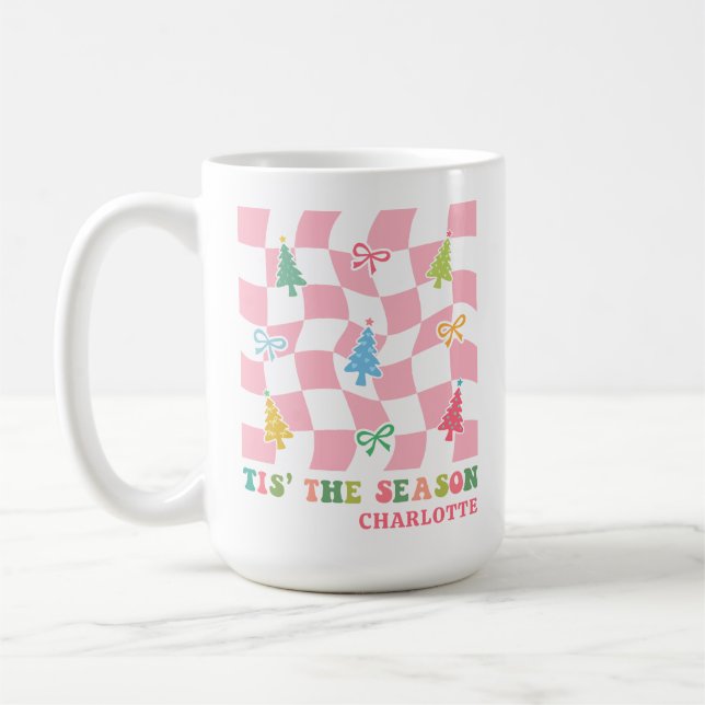 Tis The Season Groovy Pink Coquette Christmas Name Coffee Mug (Left)