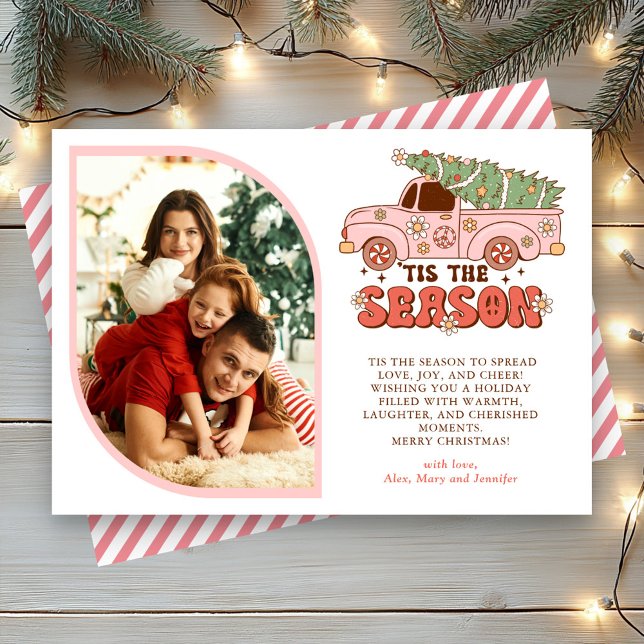 Tis the Season Groovy Pink Truck Photo Christmas Holiday Card (Creator Uploaded)