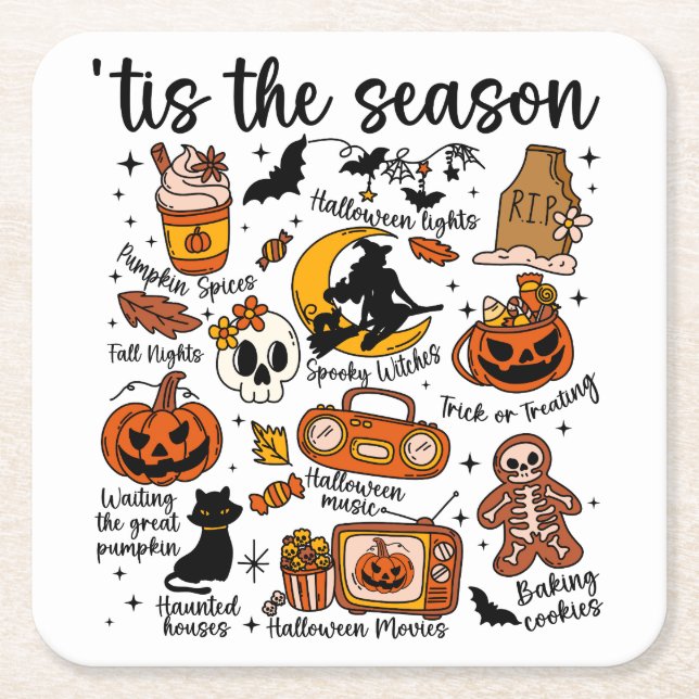 'Tis the season Halloween Doodles Square Paper Coaster (Front)