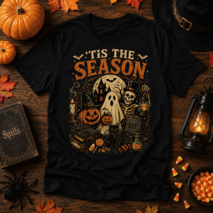 Tis The Season Halloween Ghost Skeleton Vintage T-Shirt