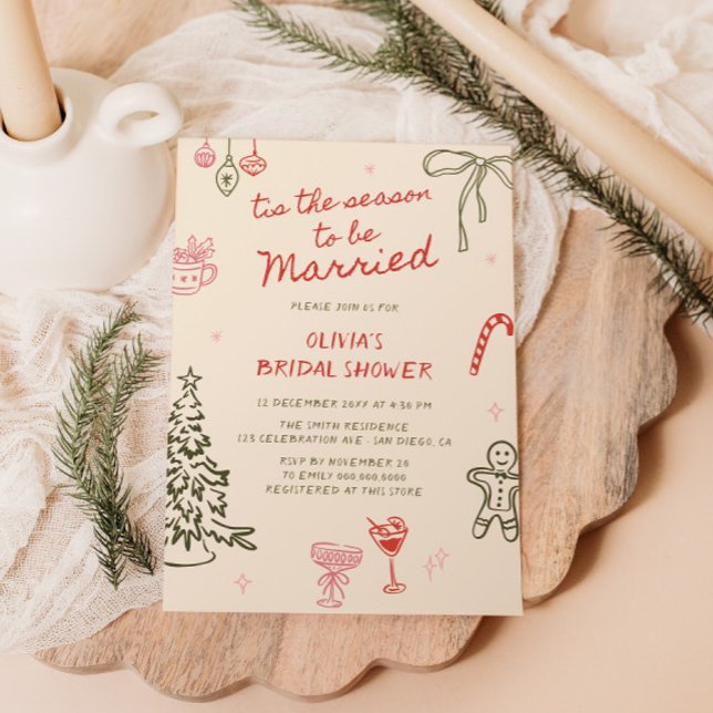 Tis The Season Hand Drawn Christmas Bridal Shower Invitation (Creator Uploaded)