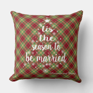 "'Tis the season handwriting Red Plaid Wedding Cushion