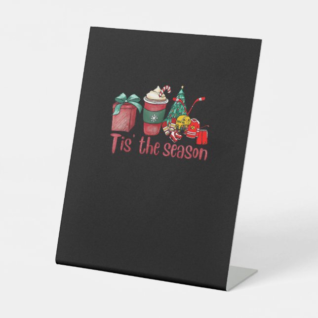 Tis The Season Hockey Christmas Coffee Santa Pedestal Sign (Front)
