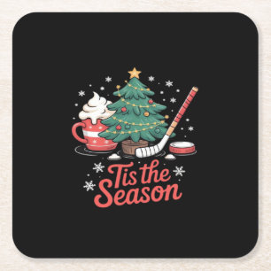 Tis The Season Hockey Coffee Tree Hockey Christmas Square Paper Coaster