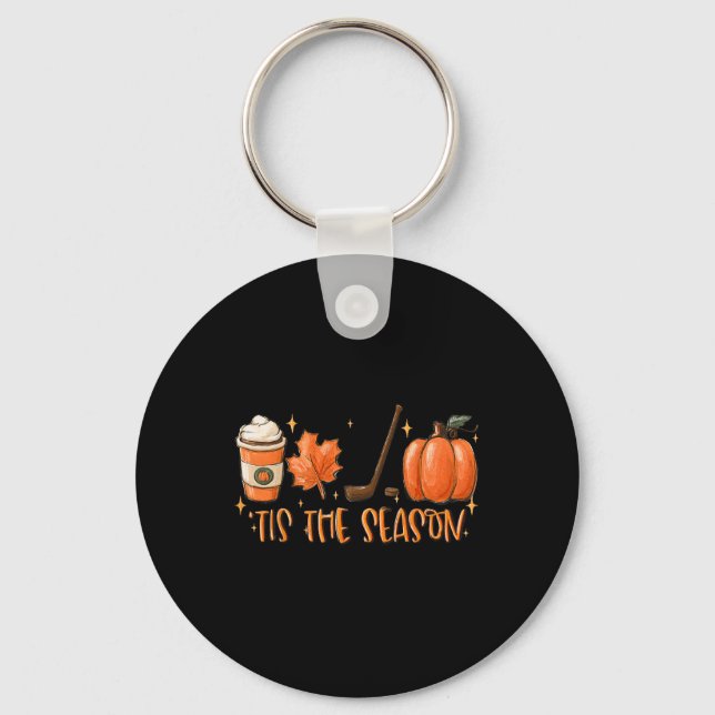 Tis The Season Hockey Latte Leaves Hello Pumpkin H Key Ring (Front)