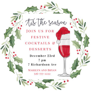 Tis the Season Holiday Cocktail Party Red Wine Invitation