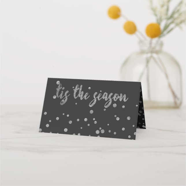 Tis the Season Holiday Glam Silver Confetti Escort Place Card (Front)