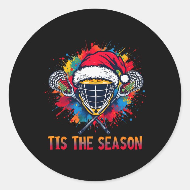 Tis The Season Lacrosse Mask Santa Hat Christmas S Classic Round Sticker (Front)