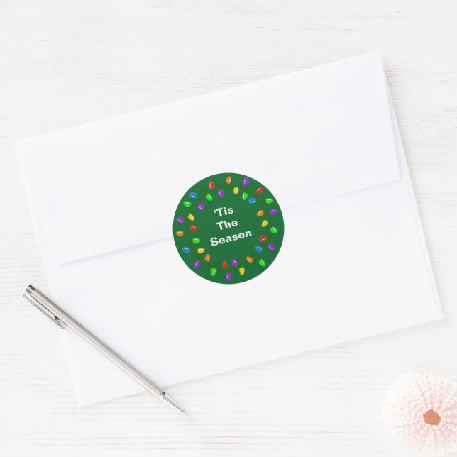 Tis The Season Light Wreath Green  Classic Round Sticker (Envelope)