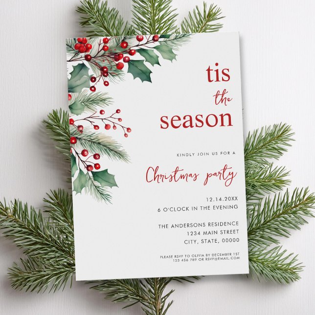 Tis The Season Modern Floral Christmas Party Invitation (Creator Uploaded)