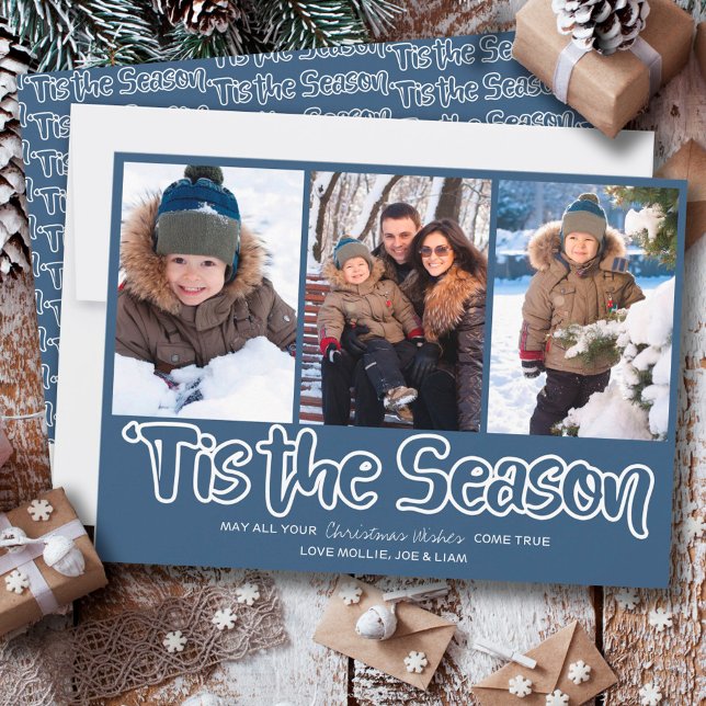 Tis the Season Outline Lettering 3 Vertical Photo  Holiday Card (Creator Uploaded)