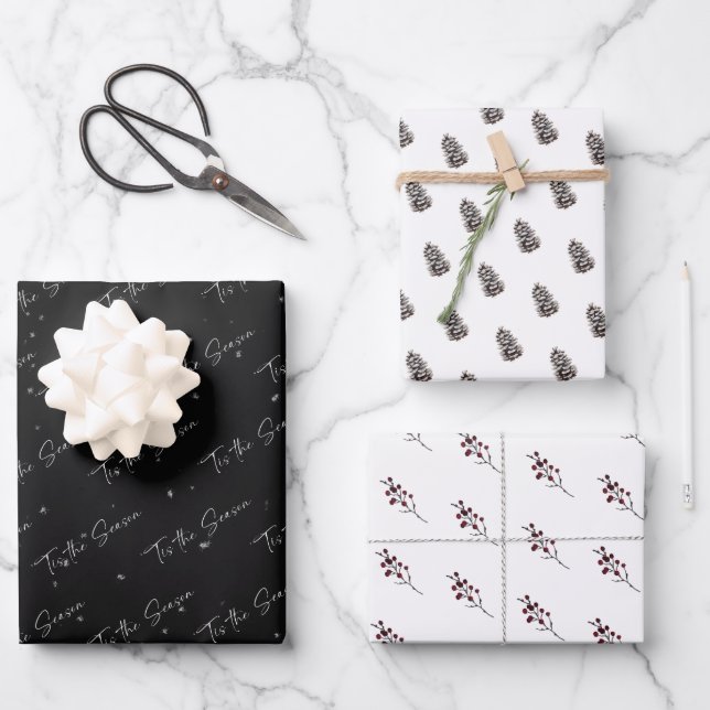 'Tis The Season Pinecone Berry Patterns Wrapping Paper Sheet (Front)