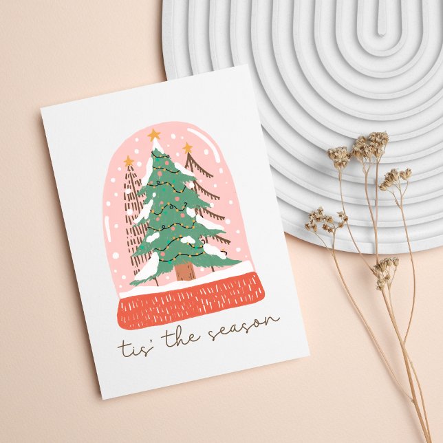Tis the Season Pink Snow Globe Retro Christmas Card (Tis the Season Pink Snow Globe Retro Christmas Card
Boho Christmas Card Non Photo Blank Card)