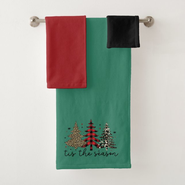 "Tis the Season" Plaid Leopard Christmas Trees Bath Towel Set (Insitu)