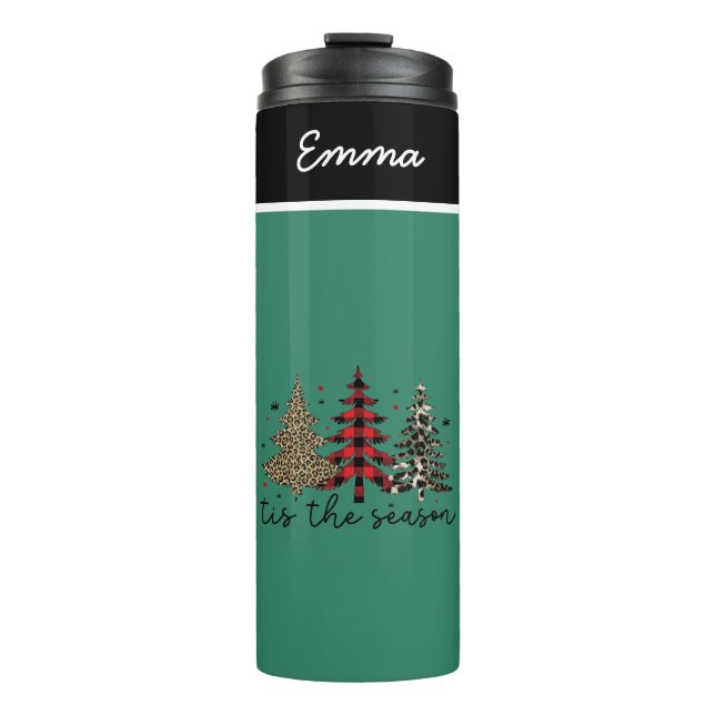 "Tis the Season" Plaid Leopard Christmas Trees Thermal Tumbler (Front)